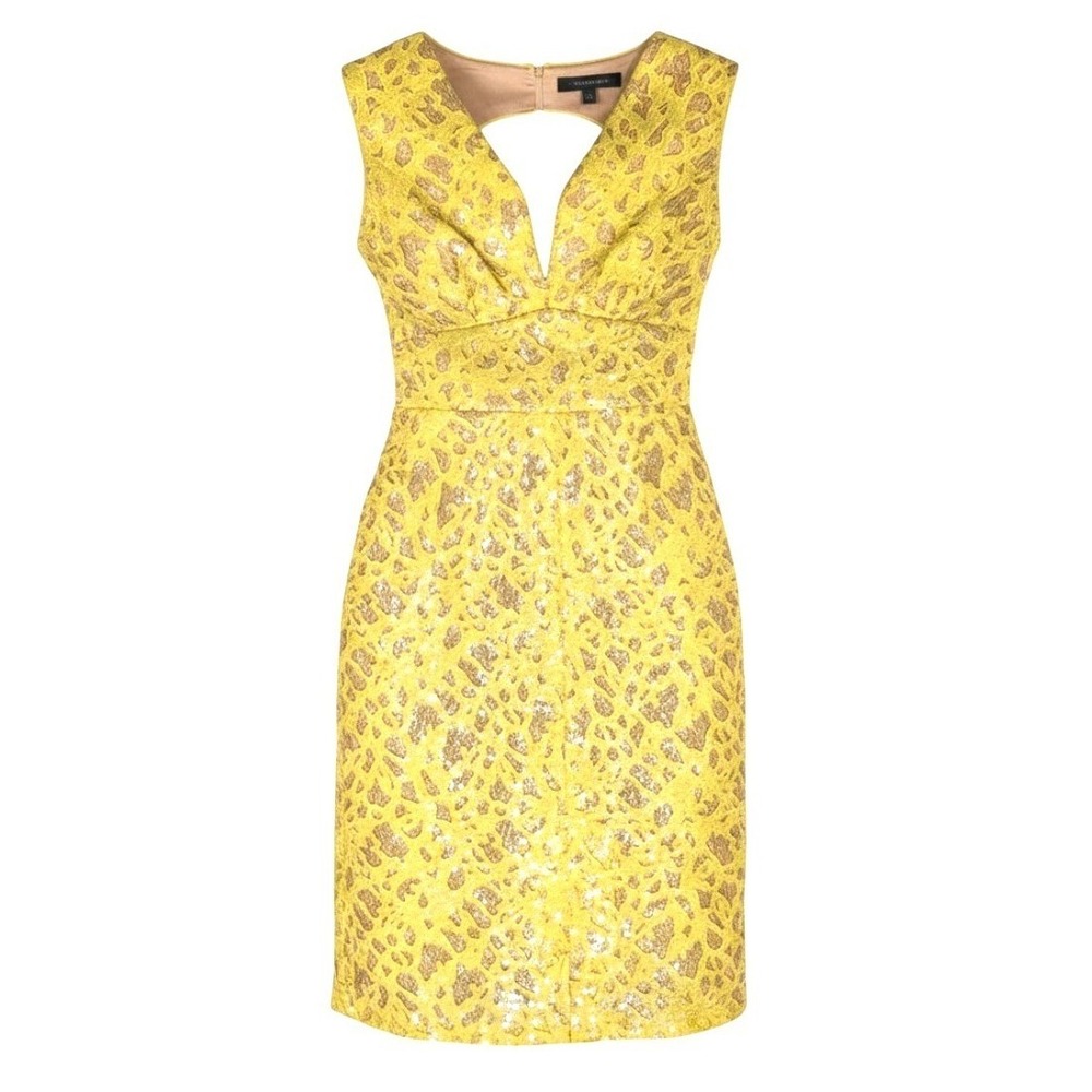 BCBGMAXAZRIA Yellow Sequin Lace Cain Mini Dress‎ Open Back Glam Size 2